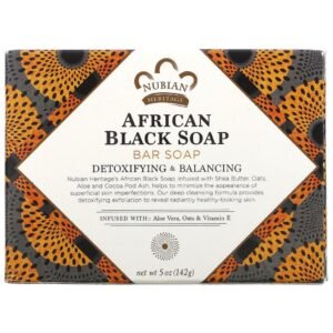 Nubian Heritage African Black Soap bar packaging featuring natural ingredients like aloe vera, oats, and vitamin E