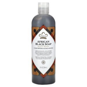 Bottle of Nubian Heritage African Black Soap Body Wash, a comforting and balancing formula infused with aloe vera, oats, and vitamin E