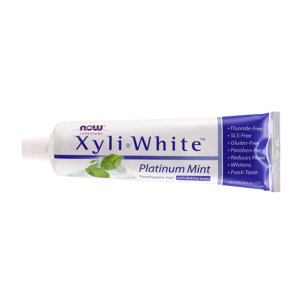 Tube of NOW Solutions XyliWhite Platinum Mint toothpaste gel