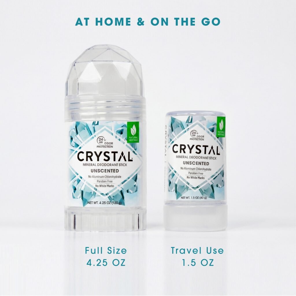 Crystal Mineral Deodorant Stick size comparison: 4.25 oz and 1.5 oz