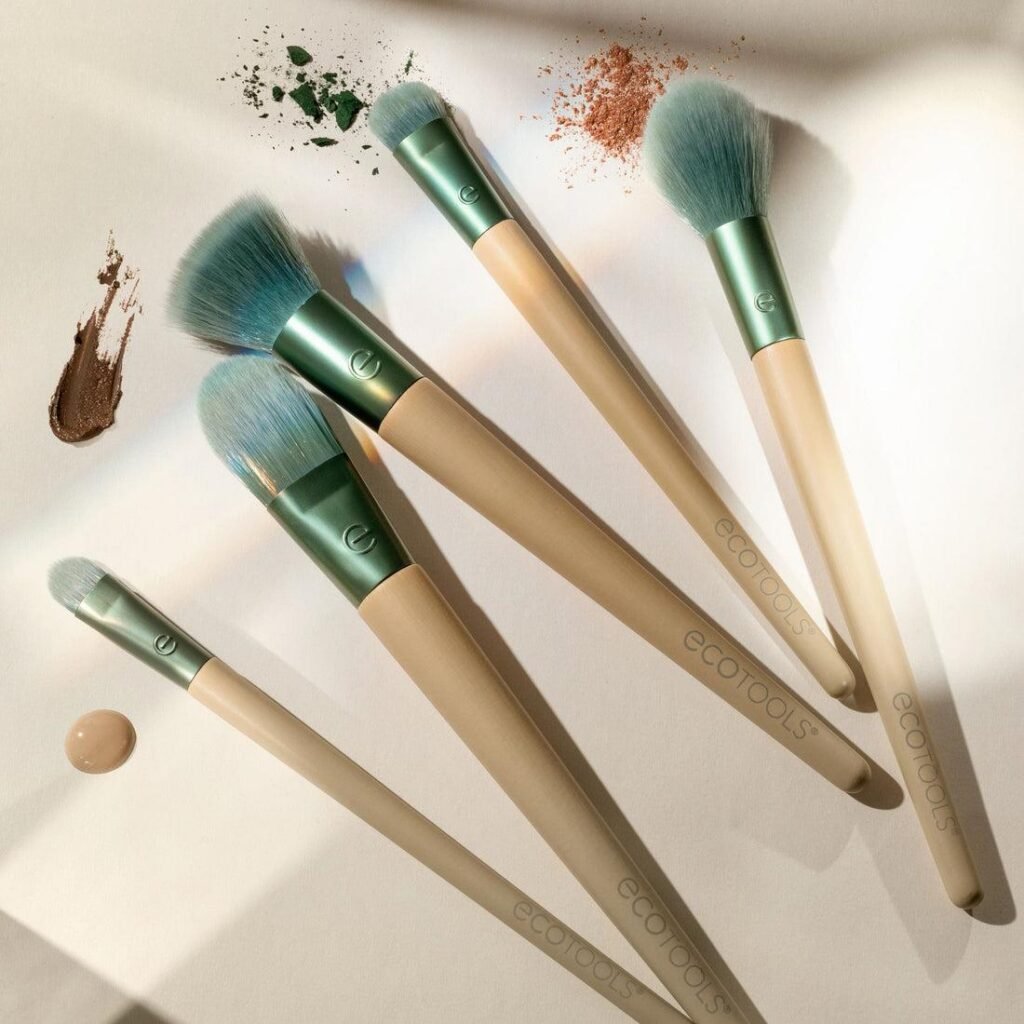 EcoTools sustainable makeup brush collection with makeup swatches