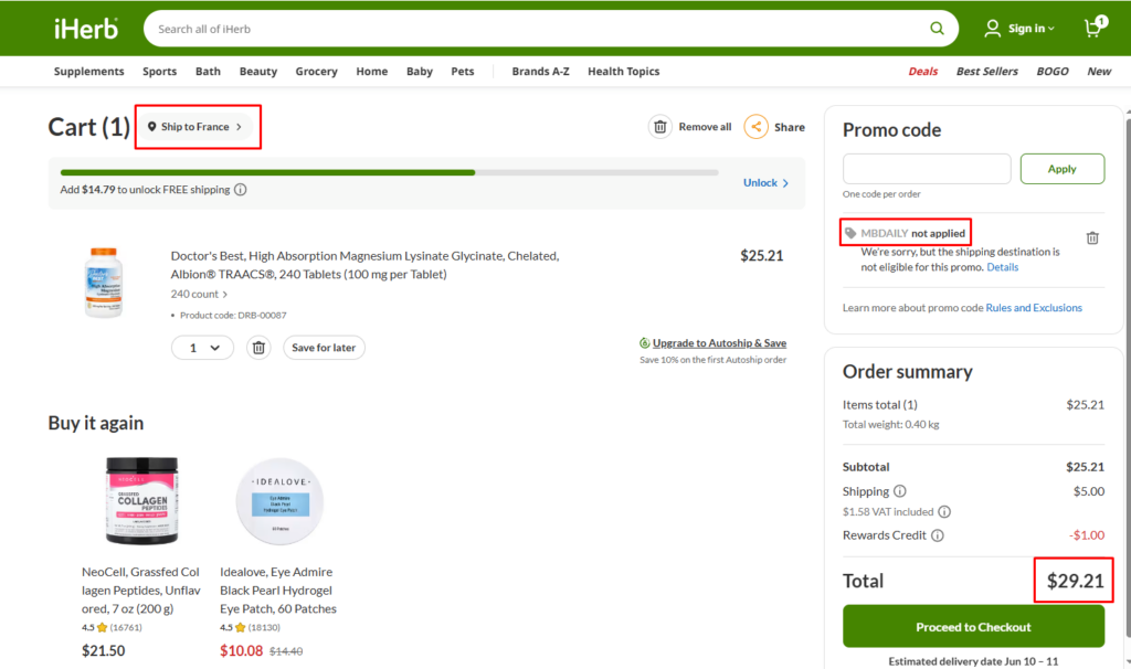 iHerb France storefront showing higher product price and unavailable promo code