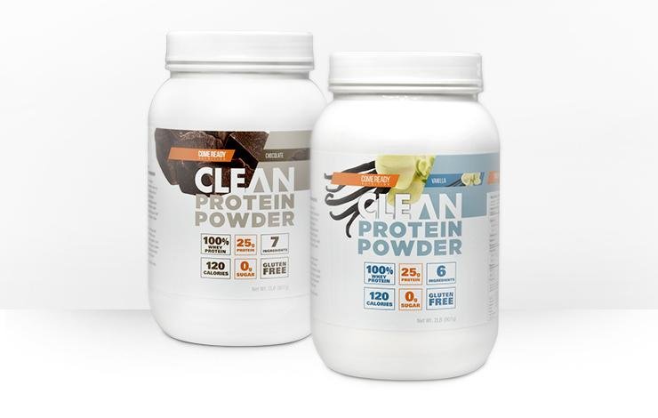 Come Ready Nutrition Clean Protein Powder, chocolate and vanilla containers