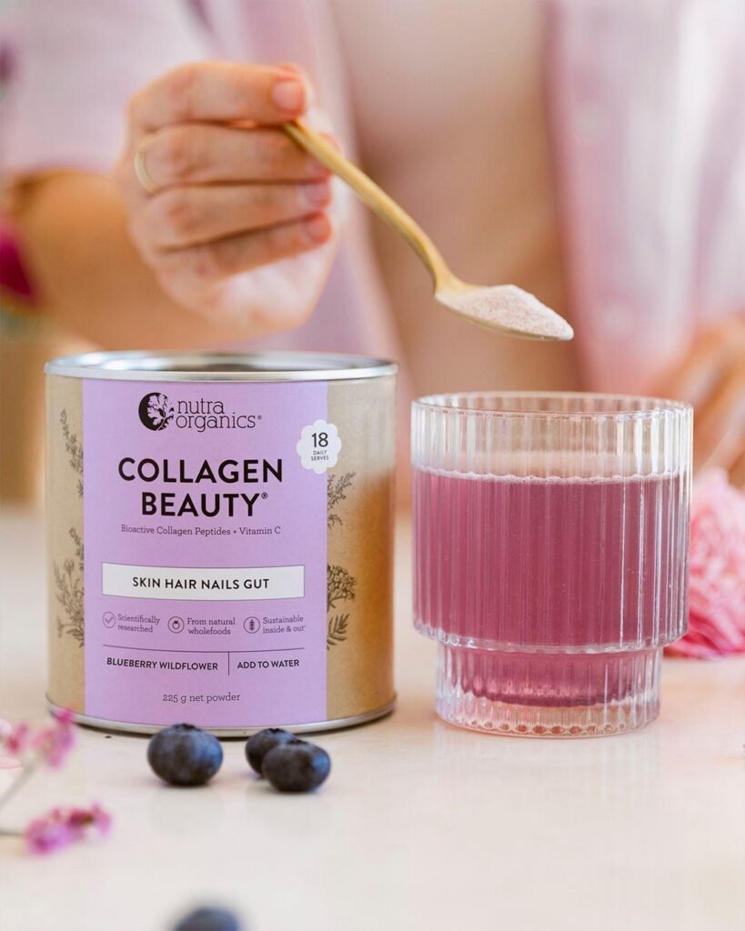 Nutra Organics Collagen Beauty powder and prepared drink