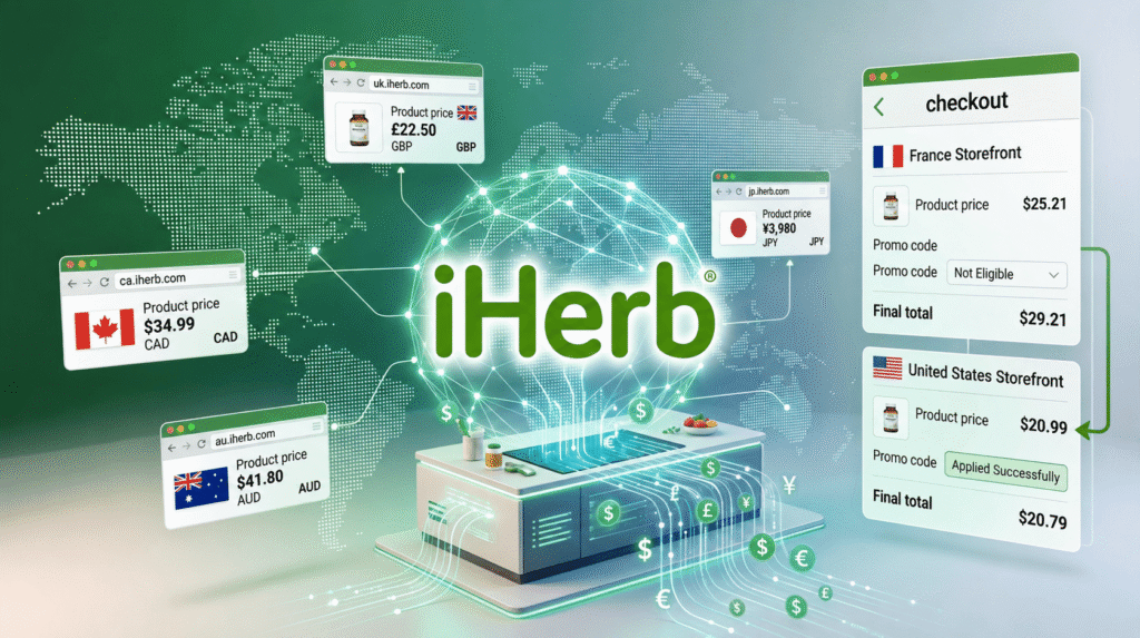 iHerb global e-commerce interface demonstrating international pricing and checkout options for various countries