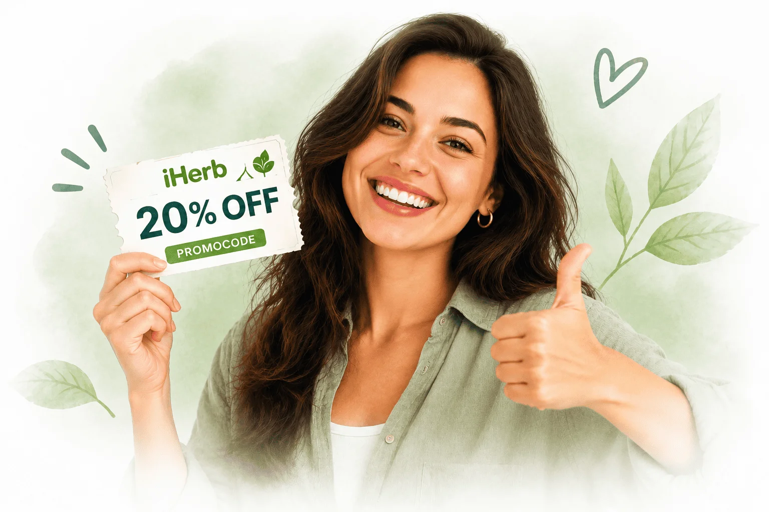 Woman holding an iHerb 20% off coupon