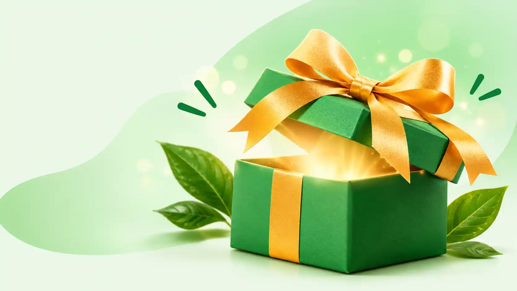 Green gift box with a golden ribbon representing exclusive iHerb products and special offers.