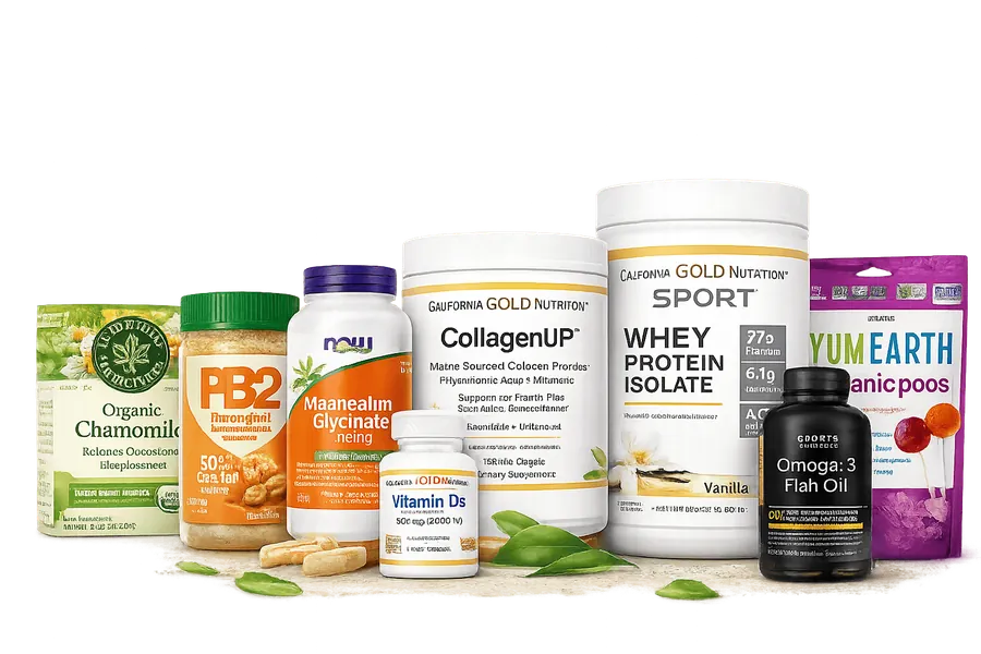 Selection of popular iHerb products for a first order, including supplements, protein, collagen and snacks