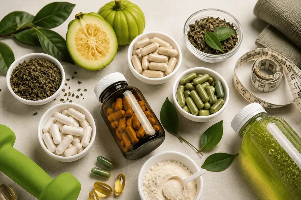 Flat lay of weight loss supplements in bowls, capsules in a bottle and fitness accessories